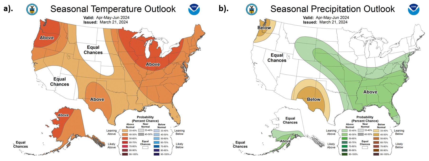 United States Seasonal Temperature Outlook and Seasonal Precipitation Outlook for April through June 2024.
