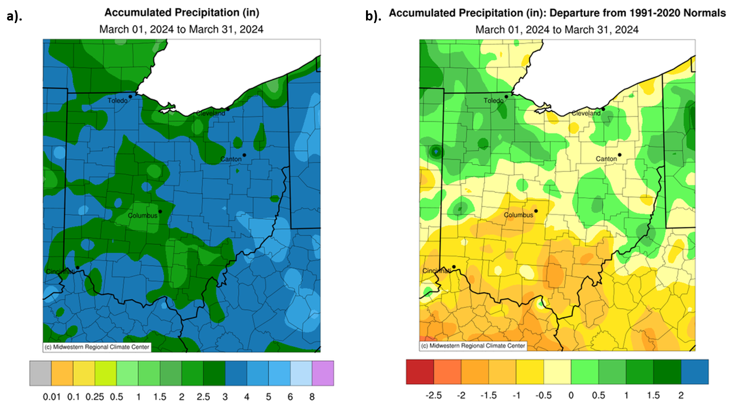 Accumulated precipitation and accumulated precipitation departures for Ohio in March 2024.