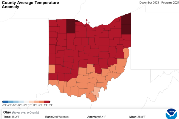 NOAA Map of Ohio with orange color at the bottom of the map and red 3/4 of the map and Information about County Average Temperature Anomaly.