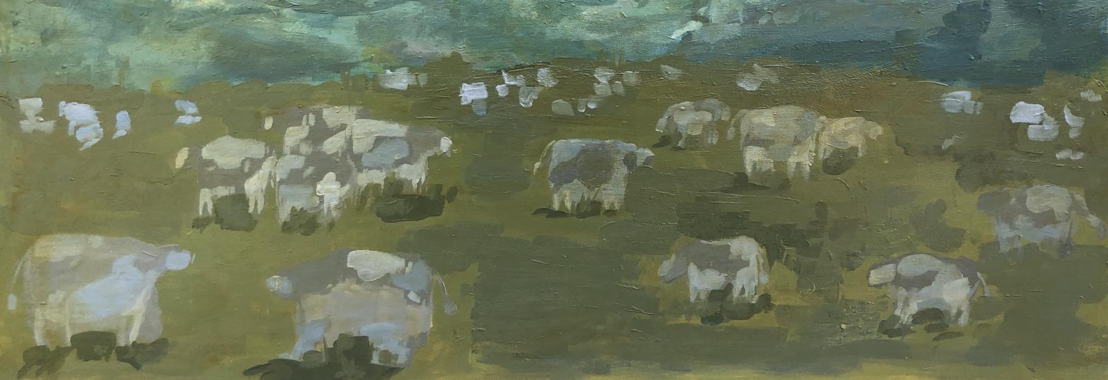 Image of a painting of livestock in a field under cloudy skies.
