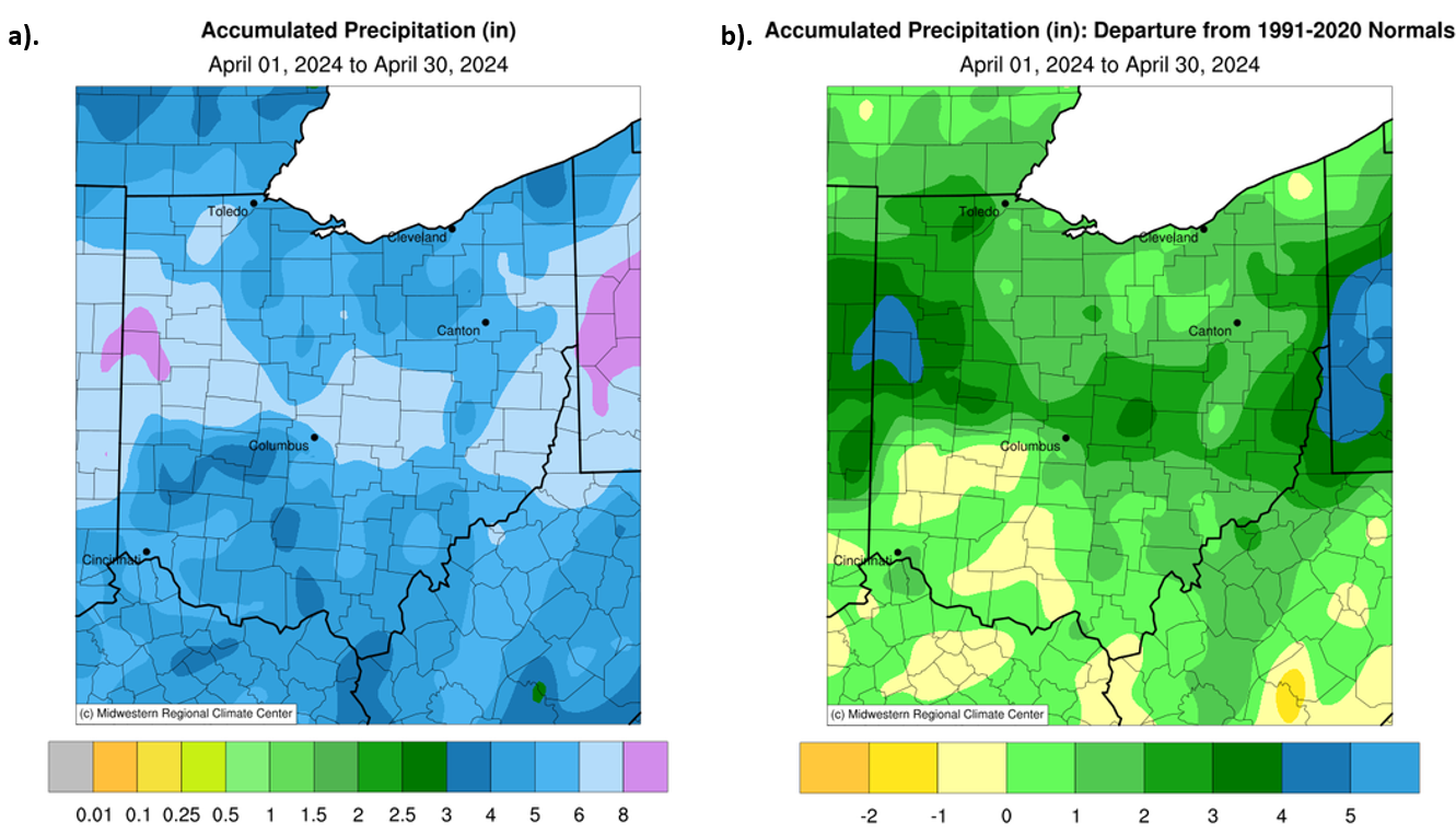 Accumulated precipitation and accumulated precipitation departures for Ohio in April 2024.
